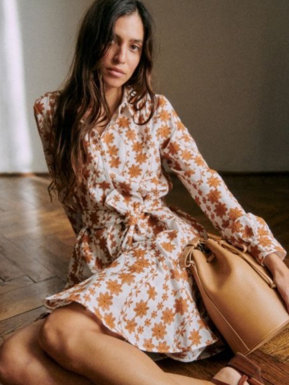 Sezane Sol dress White with Floral Print - Mini Dress Long Sleeve Tie Waist